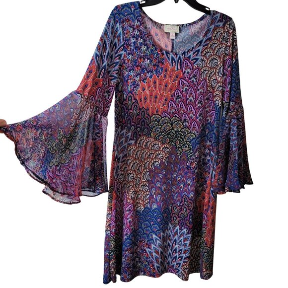 Bohemian Style Bell Sleeve Tunic Dress With Multicolor Peacock Feather Print - Picture 1 of 16